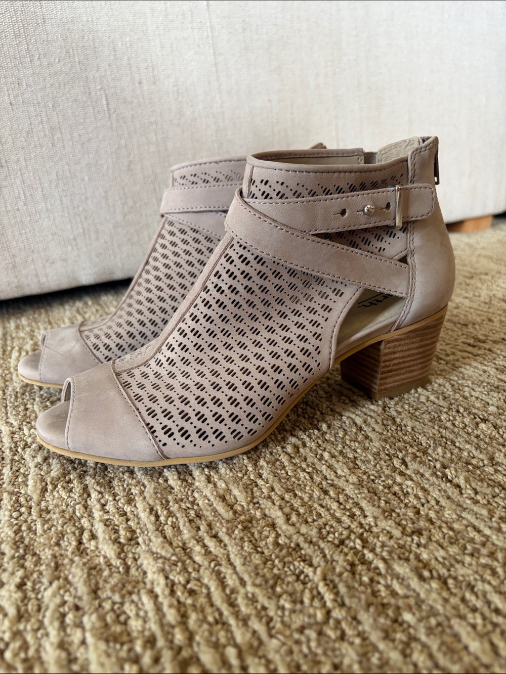 Earth Perforated Peep-Toe Ankle Booties - Taupe